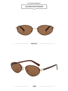 Détail de lunettes de soleil ovales en métal doré et marron clair au style vintage