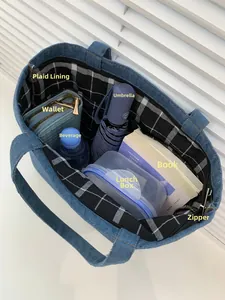 Macro view of denim tote interior showing large capacity and black-white checkered lining