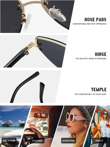 Detail view of gold hinges and silicone nose pads on rimless sunglasses for driving