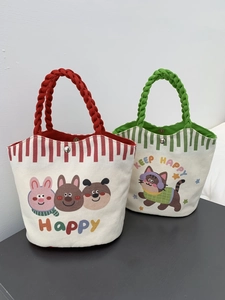 Cartoon canvas tote bag with striped pattern, woven rope handles, and magnetic snap closure