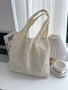 Women Canvas Tote Bag Large Capacity 3D Flower Embroidery Gentle Pastoral Style Sweet Casual Shoulder Handbag