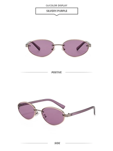 Vue détaillée des lunettes de soleil ovales rétro avec monture argentée et verres violets