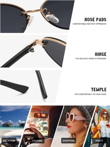 Détails de lunettes de soleil ovales en métal avec plaquettes de nez et scènes d'usage