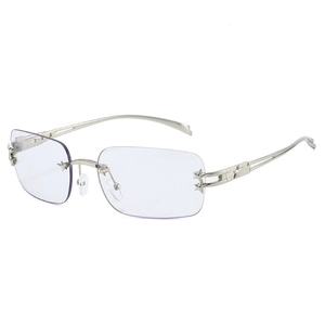 Y2K rimless star sunglasses with light purple lenses and silver metal frames for women