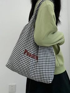 Japanese style black and white plaid canvas tote bag with red Peachy lettering print