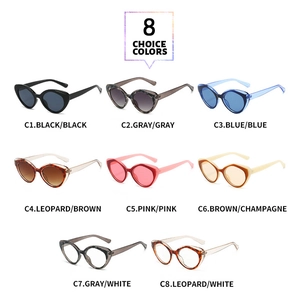 Eight different color variations of retro cat-eye sunglasses with detailed color coding
