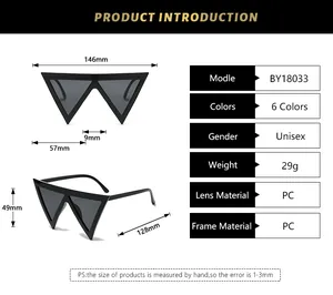 Size chart for hip hop triangle sunglasses showing 146mm width and PC material specs