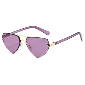 Fashion rimless aviator sunglasses with purple lenses and double bridge golden metal frame