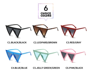Detailed grid display showing six colorful geometric triangle sunglasses with UV protection