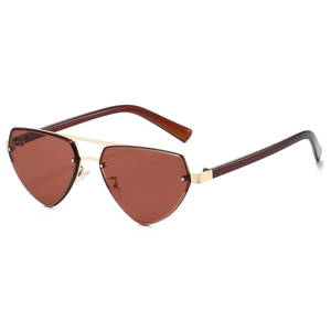 Fashionable rimless pilot sunglasses with gold double bridge and brown gradient lenses