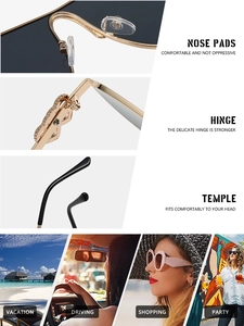 Detail view of gold nose pads, metal hinges and streamlined temples on pilot sunglasses