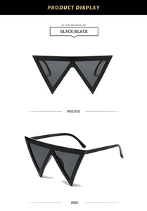 Front and side views of black triangle sunglasses with avant-garde hip-hop frame design
