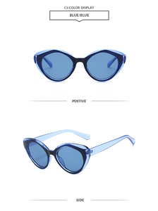 Detail view of transparent blue cat-eye sunglasses with positive and side angles