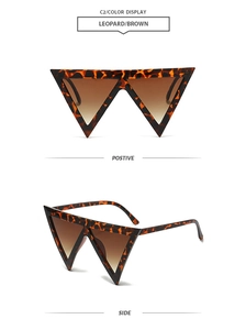 Front and side views of leopard print triangle sunglasses with brown gradient lenses