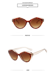 Detail view of leopard print cat eye sunglasses with brown gradient lenses in two angles