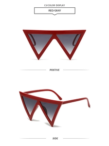 Macro detail of red triangle sunglasses with gray gradient lenses and thick geometric frame