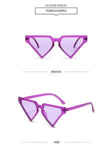 Vue détaillée de lunettes de soleil triangulaires violettes de face et de profil
