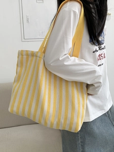 Striped canvas tote bag in yellow and white, large capacity shoulder bag for women