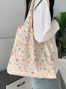 Grand sac cabas en toile avec broderie florale et design minimaliste de style coréen