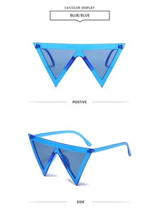 Detailed front and side views of blue triangle frame sunglasses with clear lenses