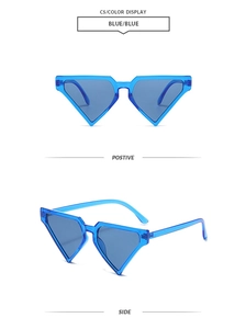Détails de lunettes de soleil triangulaires bleues avec monture PC transparente et verres