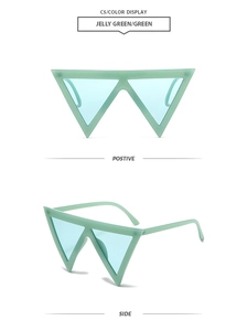 Macro view showing Jelly Green triangular frame sunglasses and light blue lenses details