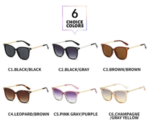 Collage of square oversized sunglasses showing 6 color options with metal chain temples