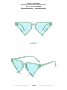 Détail des lunettes de soleil triangulaires vert gelée avec monture et verres transparents