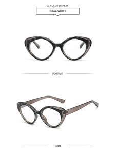 Detailed views of gray and white cat eye sunglasses with thick acetate frames