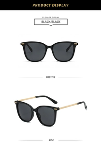 Detailed front and side views of stylish black square oversized sunglasses with gold accents