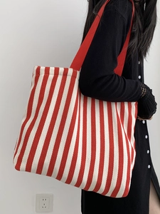 Large capacity red and white striped canvas tote bag with wide shoulder strap for women