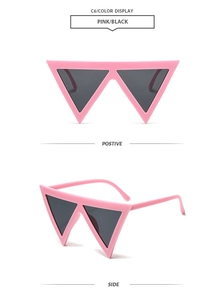 Front and side views of pink triangular sunglasses with dark lenses for fashion parties