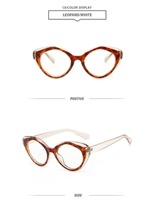 Detailed front and side view of cat-eye frames in leopard and transparent white finish