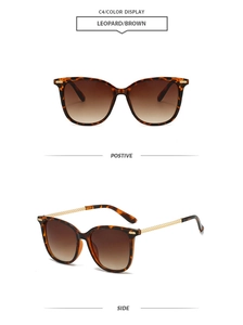 Detail of leopard print sunglasses with brown gradient lenses and gold woven temples