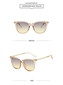 Detail view of champagne square frame sunglasses with metal woven texture temples