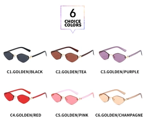 Detailed catalog showing six vintage rimless cat-eye sunglasses with gold metal temples