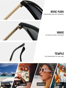 Detail of square sunglasses featuring golden woven texture temples and reinforced hinges