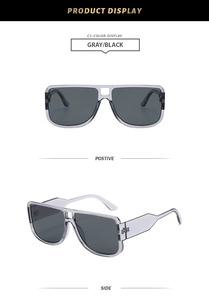 Front and side views of large square grey sunglasses with thick double bridge frames