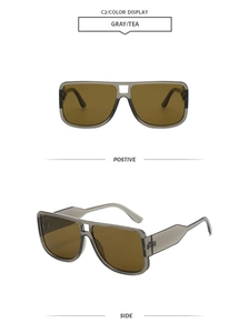 Front and side views of vintage double-bridge sunglasses with gray frames and tea lenses