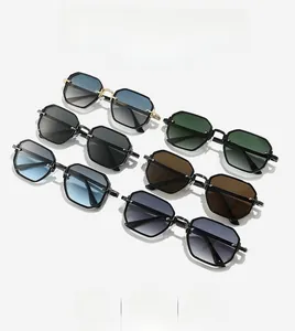 Detailed flat lay of trendy polygonal metal sunglasses in six stylish assorted colors