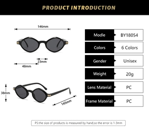 Detailed technical diagram of polygon sunglasses with exact frame dimensions and PC material