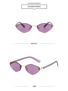 Detailed front and side views of rimless diamond-shaped purple sunglasses with gold temples