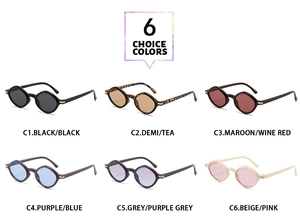 Flat lay of vintage geometric sunglasses in six colors with high UV protection lenses