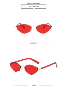 Detailed front and side views of golden metal sunglasses with red rhombus lenses