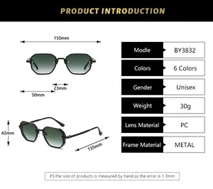 Size chart showing metal polygon sunglasses dimensions and technical specifications