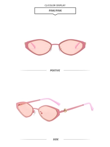 Detailed side view showing golden rose metal ornament on pink diamond-frame sunglasses
