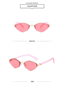 Front and side view of rimless diamond sunglasses with gold bridge and pink resin lenses