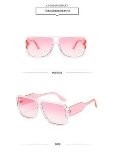 Detail view of transparent pink gradient square sunglasses with double bridge frame