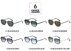 Detailed grid display of six colored polygonal rimless sunglasses for outdoor wear