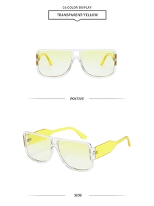 Macro detail of transparent yellow oversized sunglasses showing front and side profile